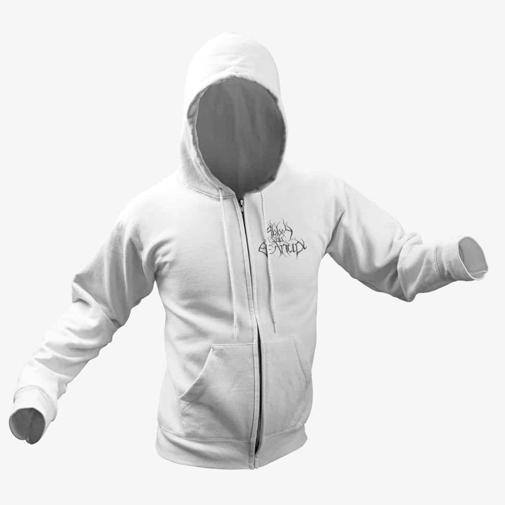Abbey ov Thelema Zip Hoodie, Abbey ov Thelema Logo White Zipper Hoodie, Avant-garde Black Metal Merchandise