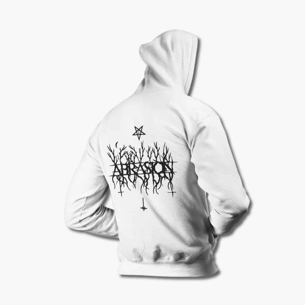 Abrasion Hoodie, Abrasion Logo White Hoodie, Raw Black Metal Merchandise