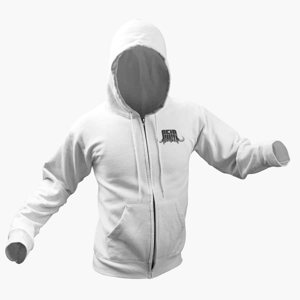 Acid Mammoth Zip Hoodie, Acid Mammoth Logo White Zipper Hoodie, Metalcore Merchandise