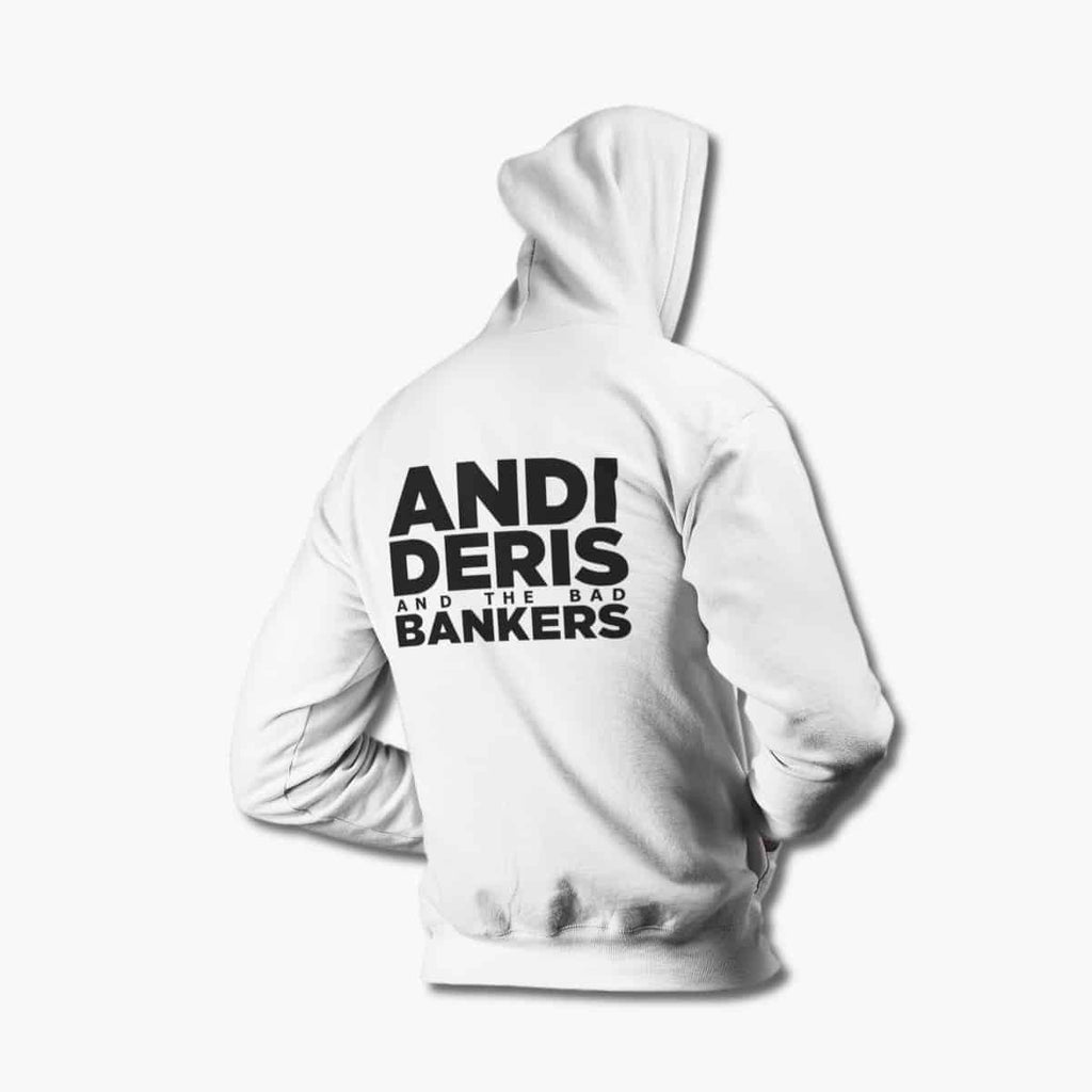 Andi Deris and the Bad Bankers Zip Hoodie, ADATBB Logo White Zipper Hoodie, Hard Rock Merchandise