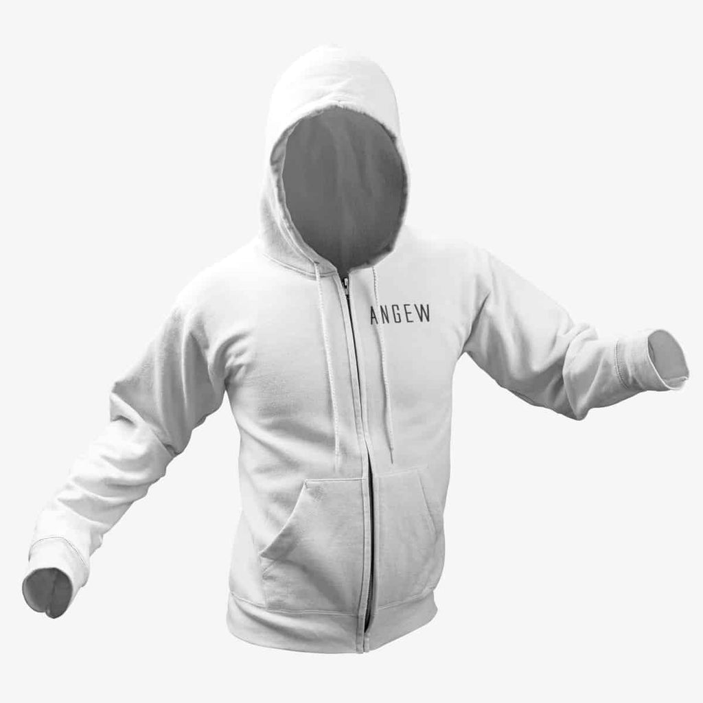 Angew Zip Hoodie, Angew Logo White Zipper Hoodie, Black Metal Merchandise