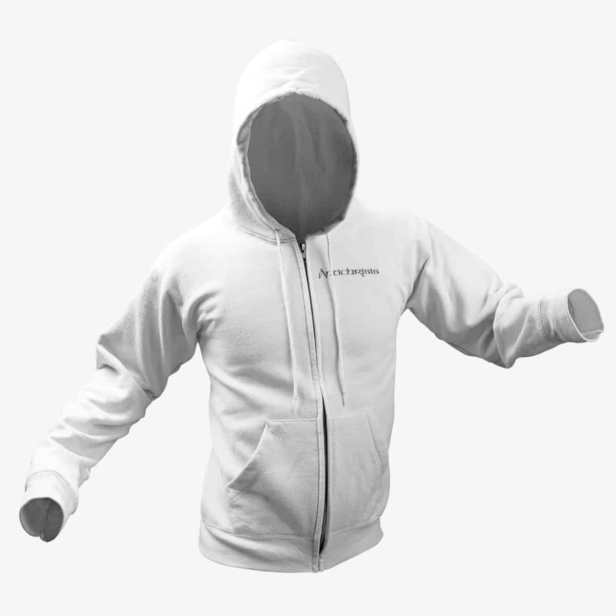 Antichrisis Zip Hoodie, Antichrisis Logo White Zipper Hoodie, Black Metal Merchandise