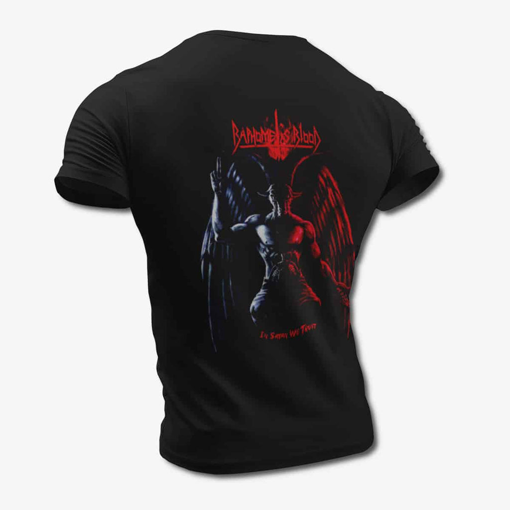Baphomets Blood T-Shirt, Baphomet’s Blood In Satan We Trust Black Tee Shirt, Speed Metal Merchandise