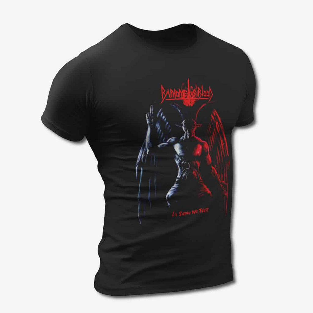 Baphomets Blood T-Shirt, Baphomet’s Blood In Satan We Trust Black Tee Shirt, Speed Metal Merchandise