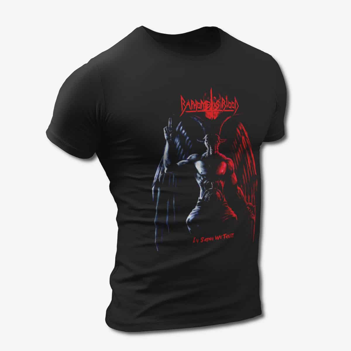 Baphomets Blood T-Shirt, Baphomet’s Blood In Satan We Trust Black Tee Shirt, Speed Metal Merchandise