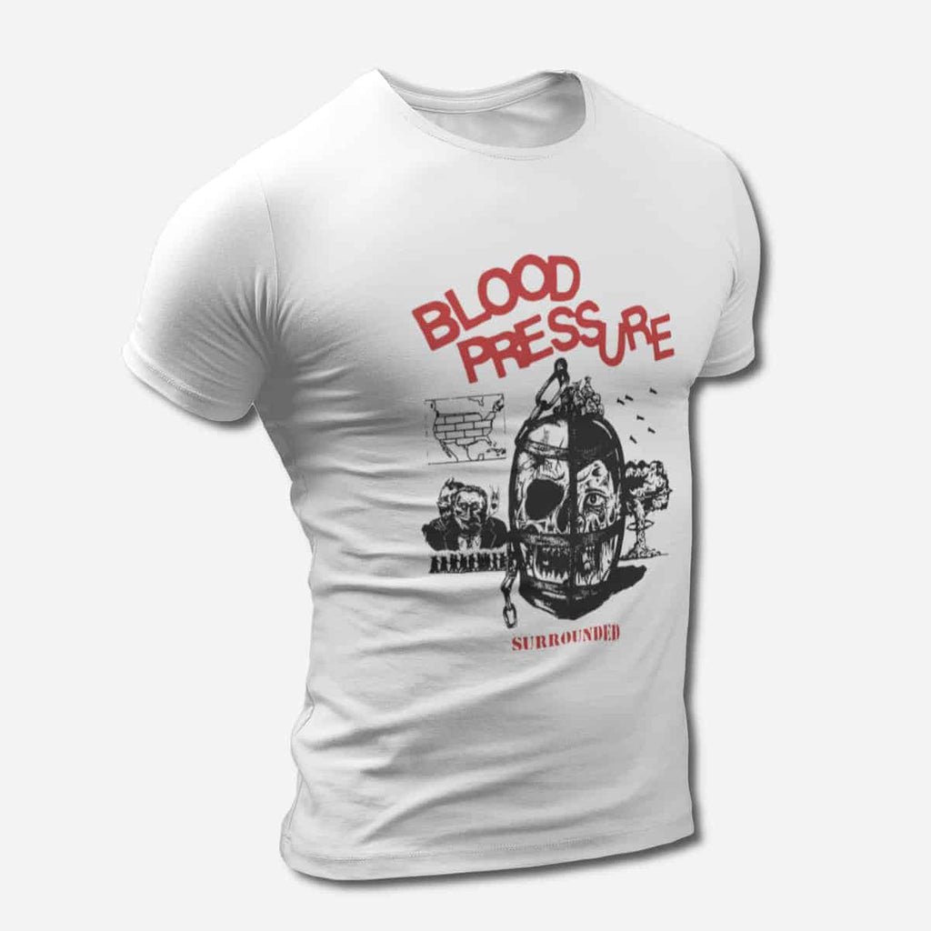 Blood Pressure T-Shirt, Blood Pressure Surrounded White Tee Shirt, Hardcore, Punk Merchandise