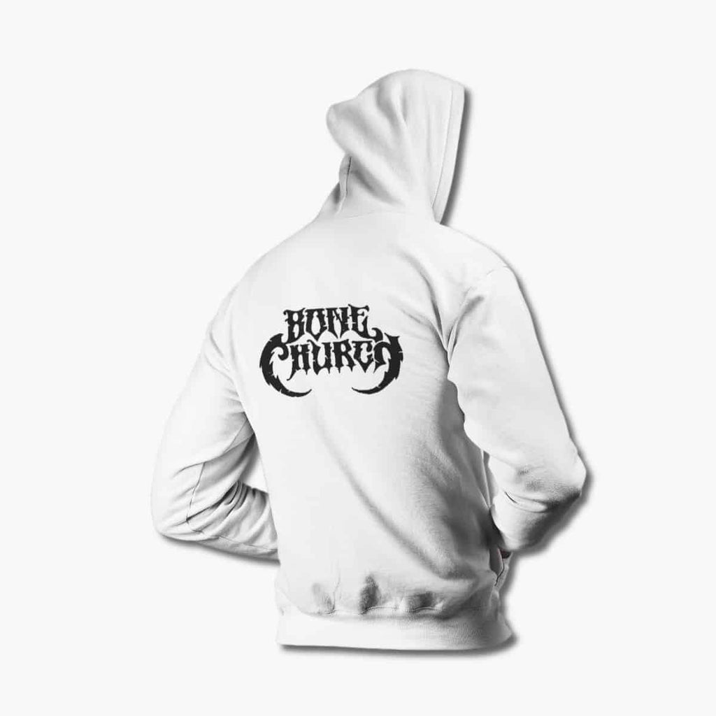 Bone Church Zip Hoodie, Bone Church Logo White Zipper Hoodie, Stoner Metal Merchandise