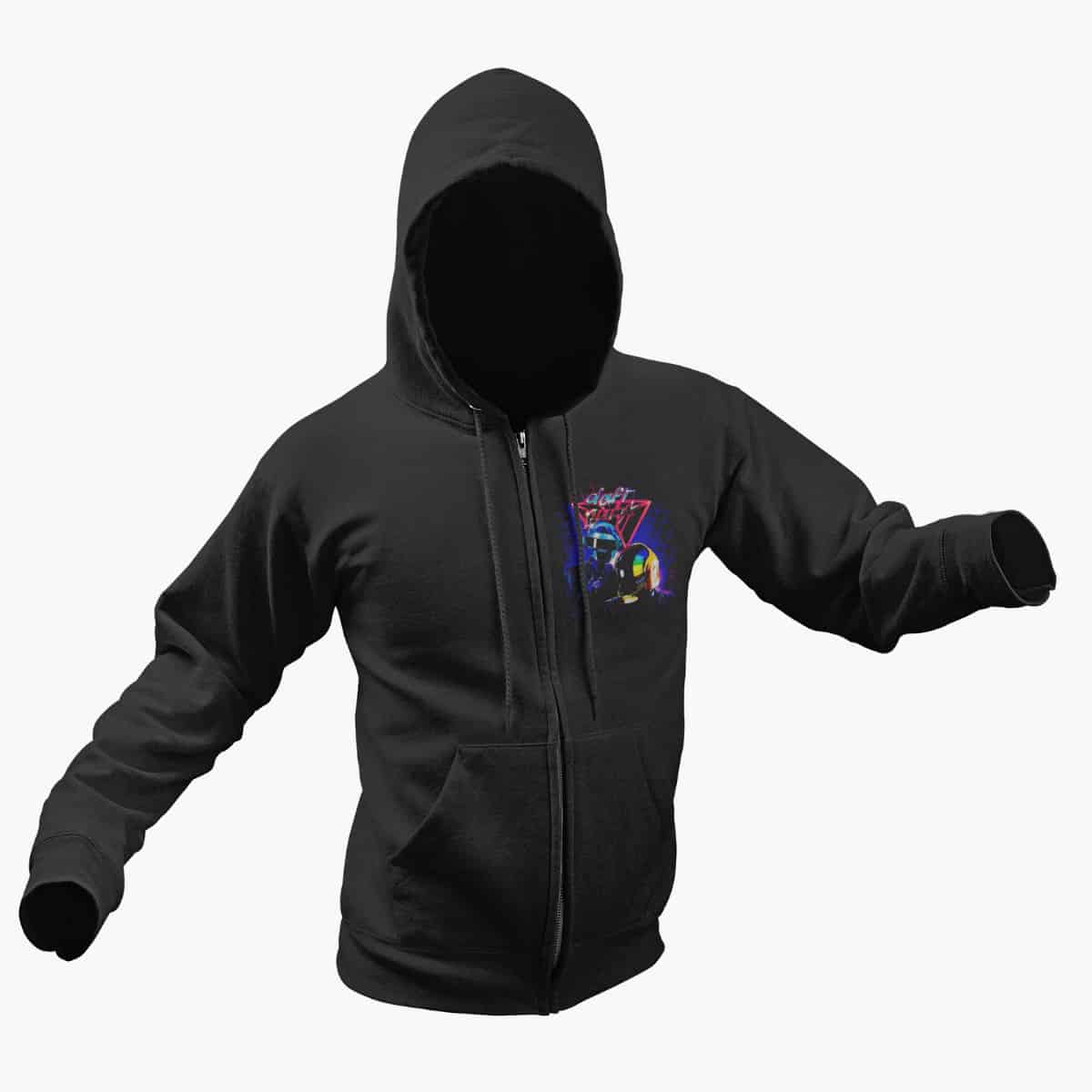 Daft Punk Zip Hoodie, Daft Punk Artwork Black Zipper Hoodie, Electronic Rock Merchandise
