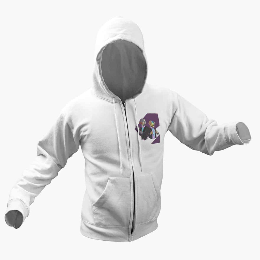 Daft Punk Zip Hoodie, Daft Punk Artwork White Zipper Hoodie, Electronic Rock Merchandise