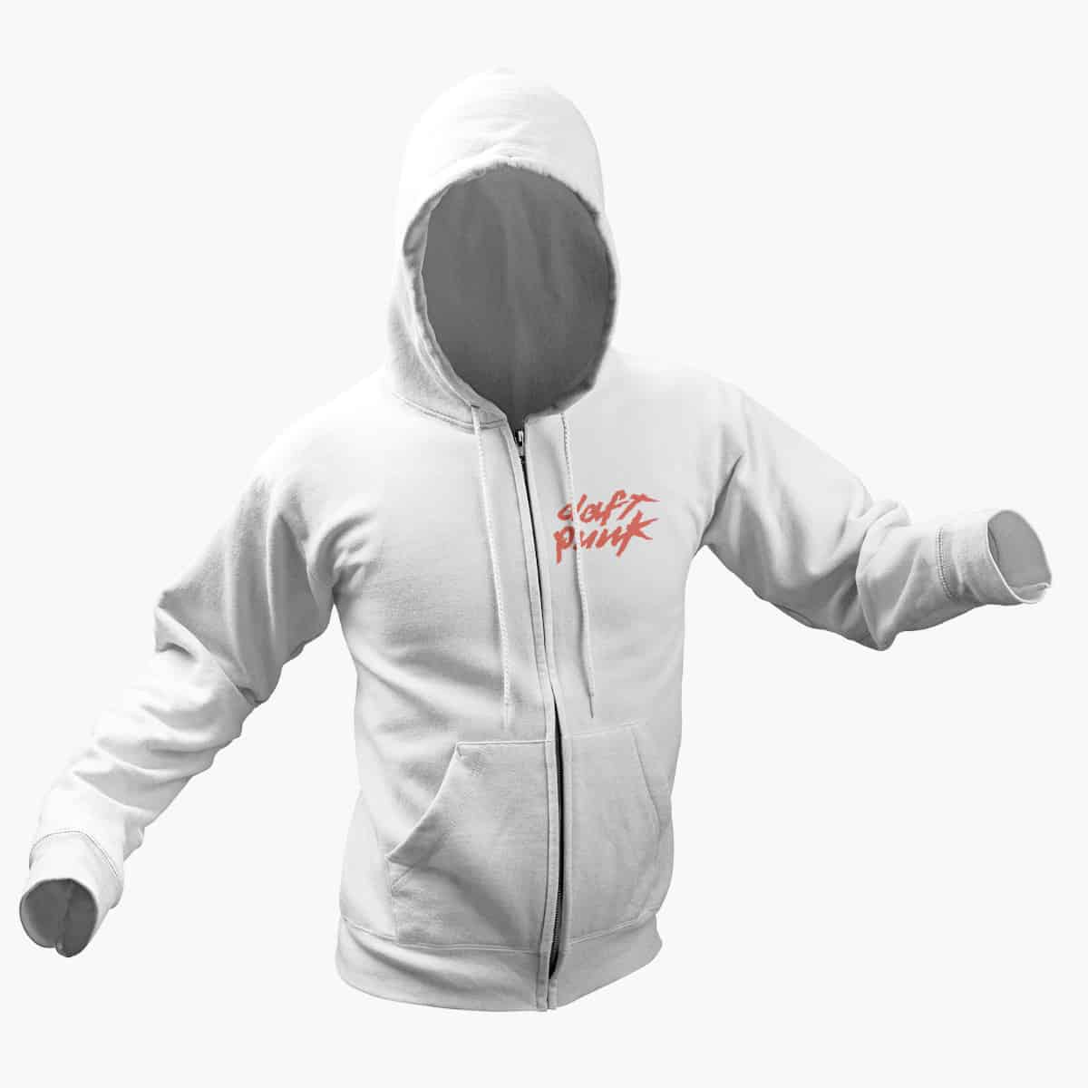 Daft Punk Zip Hoodie, Daft Punk Logo White Zipper Hoodie, Electronic Rock Merchandise