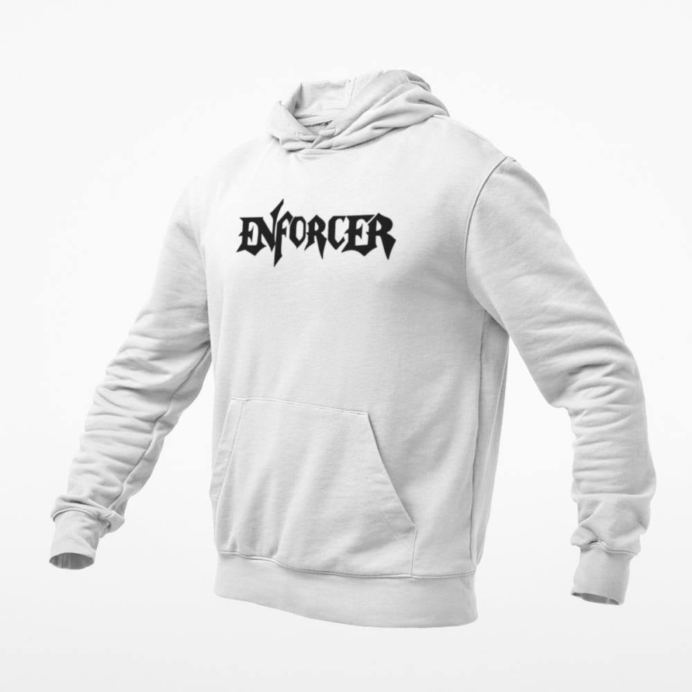 Enforcer Hoodie, Enforcer Logo White Hoodie, Heavy Metal Merchandise