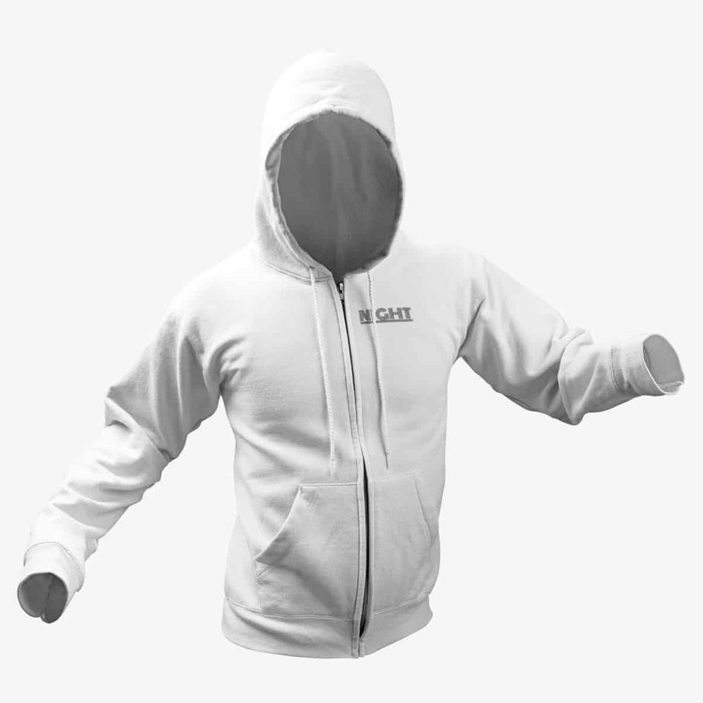 Night Zip Hoodie, Night Logo White Zipper Hoodie, Hard Rock Merchandise