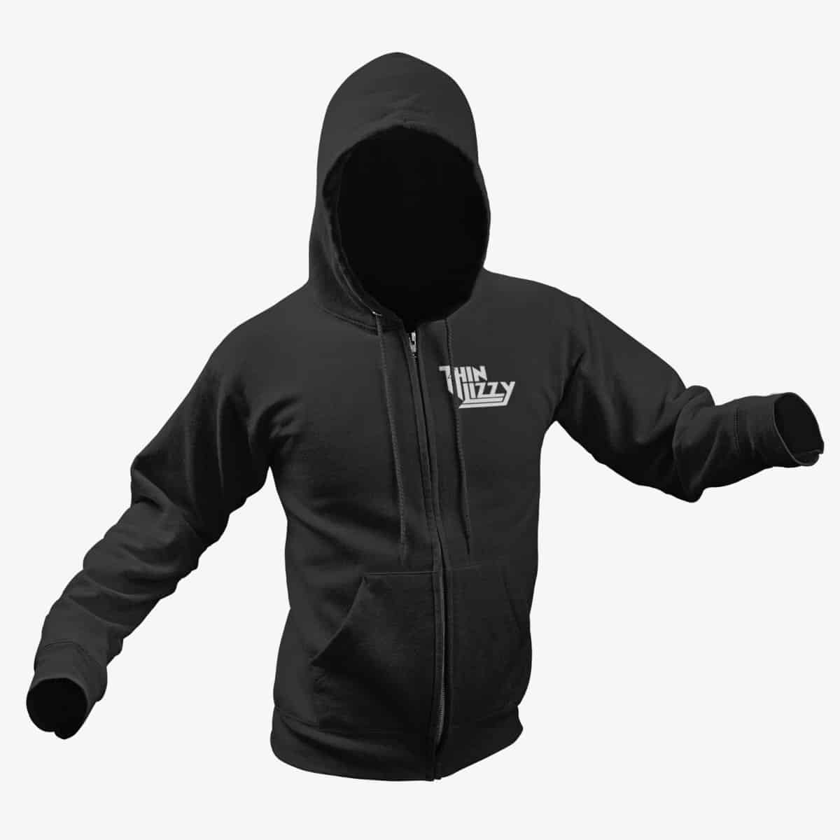 Thin Lizzy Zip Hoodie, Thin Lizzy Logo Black Zipper Hoodie, Heavy Metal Merchandise