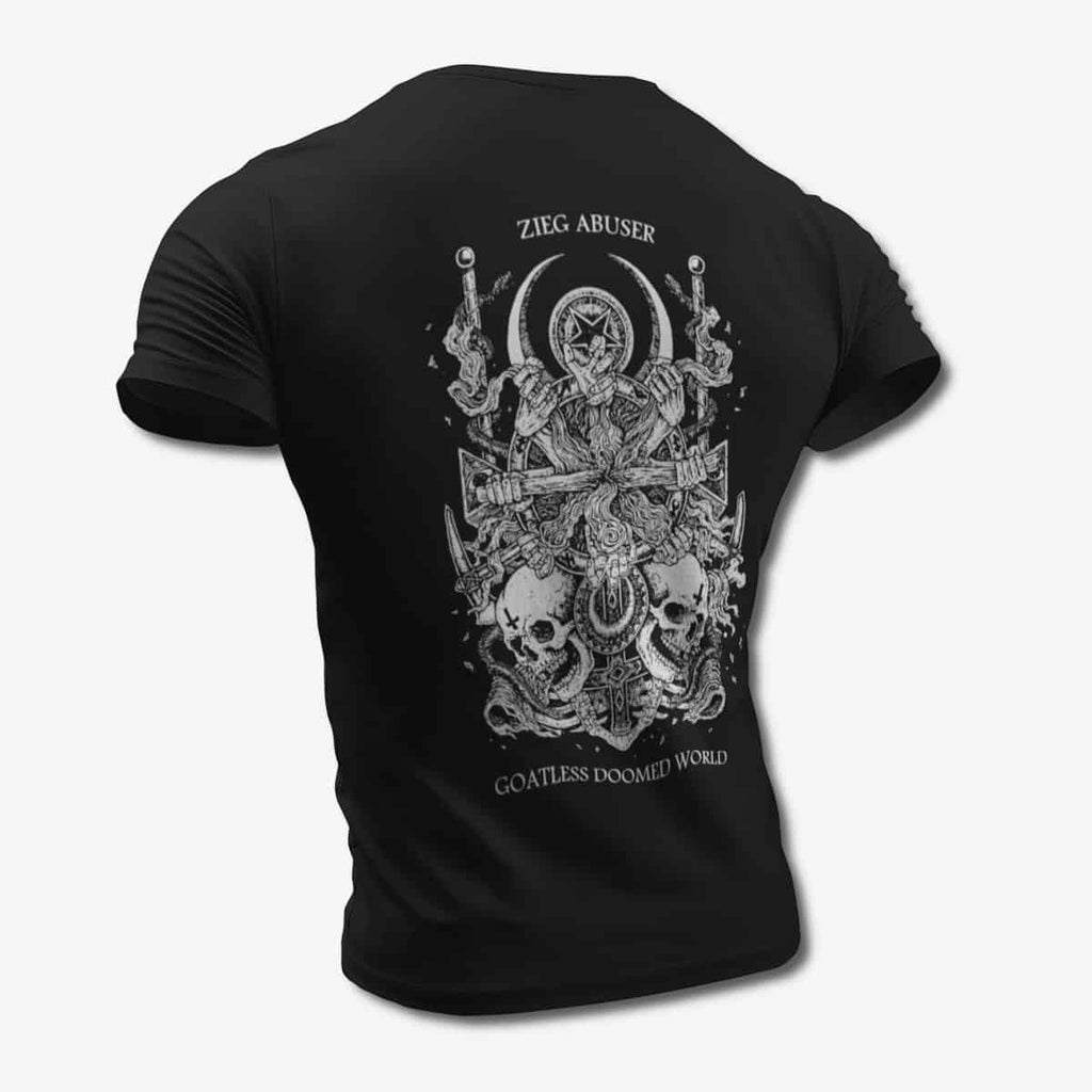 Zieg Abuser T-Shirt, Zieg Abuser Goatless Doomed World Black Tee Shirt, Thrash Metal Merchandise